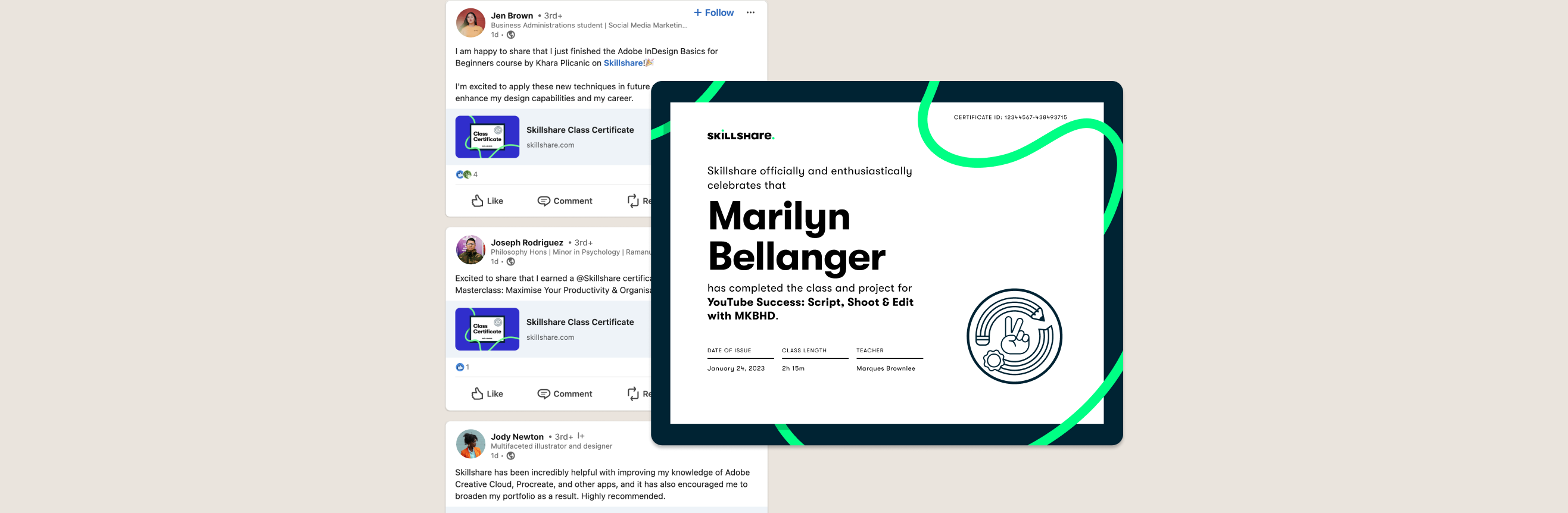 Skillshare class certificate alongside social posts celebrating course completion