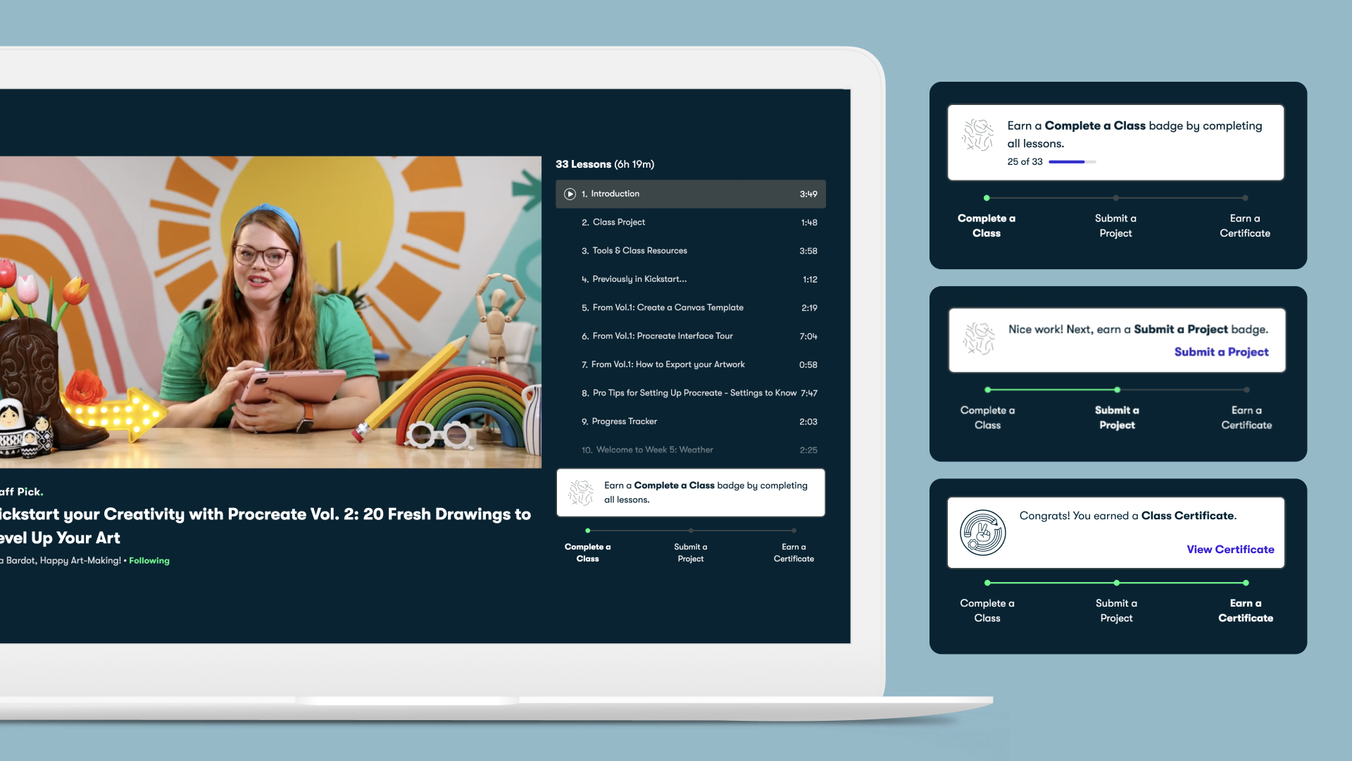 The end-of-lesson-plan progress module showing remaining lessons and the project
