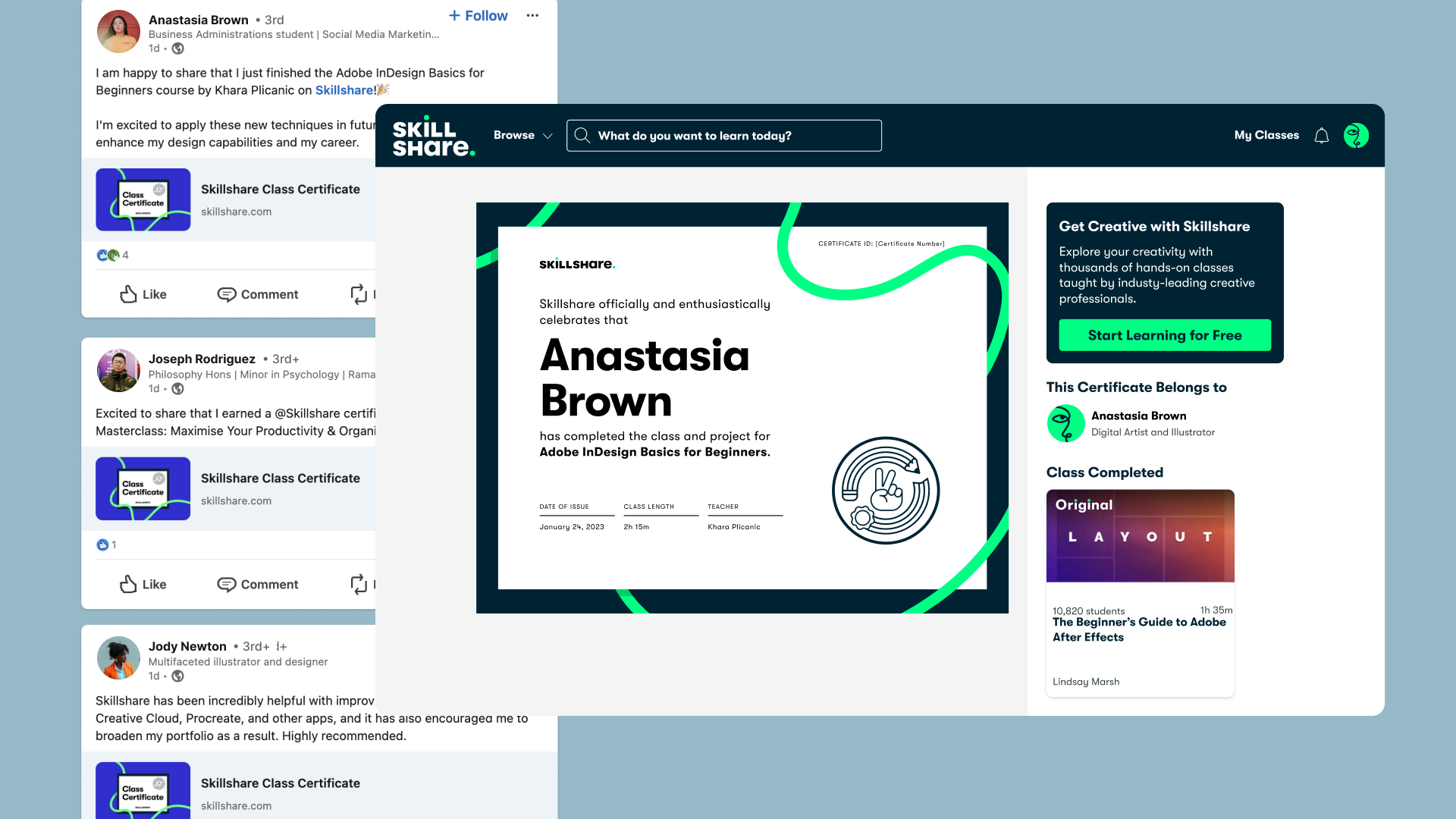 The certificate share flow and the class and project a new visitor lands on
