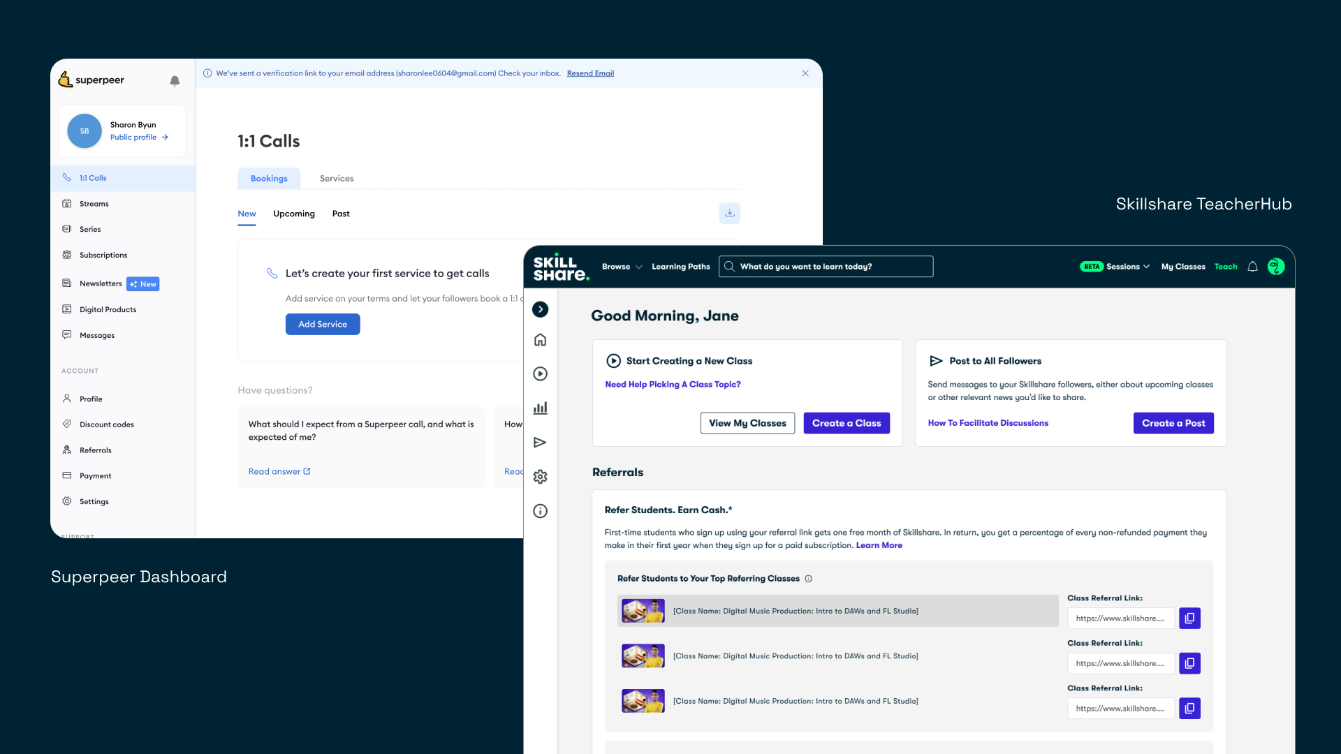 Before: teachers ran their business across two separate products — the Superpeer dashboard and the Skillshare TeacherHub