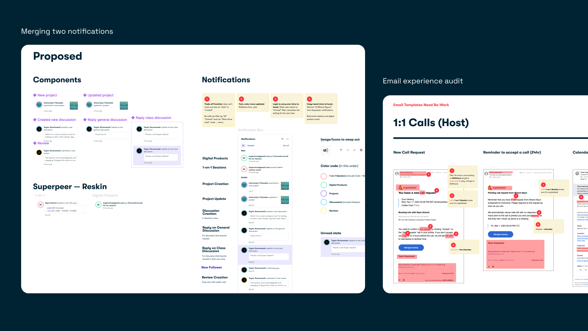 Process: merging two notification systems and reworking the email experience into one consistent set of components
