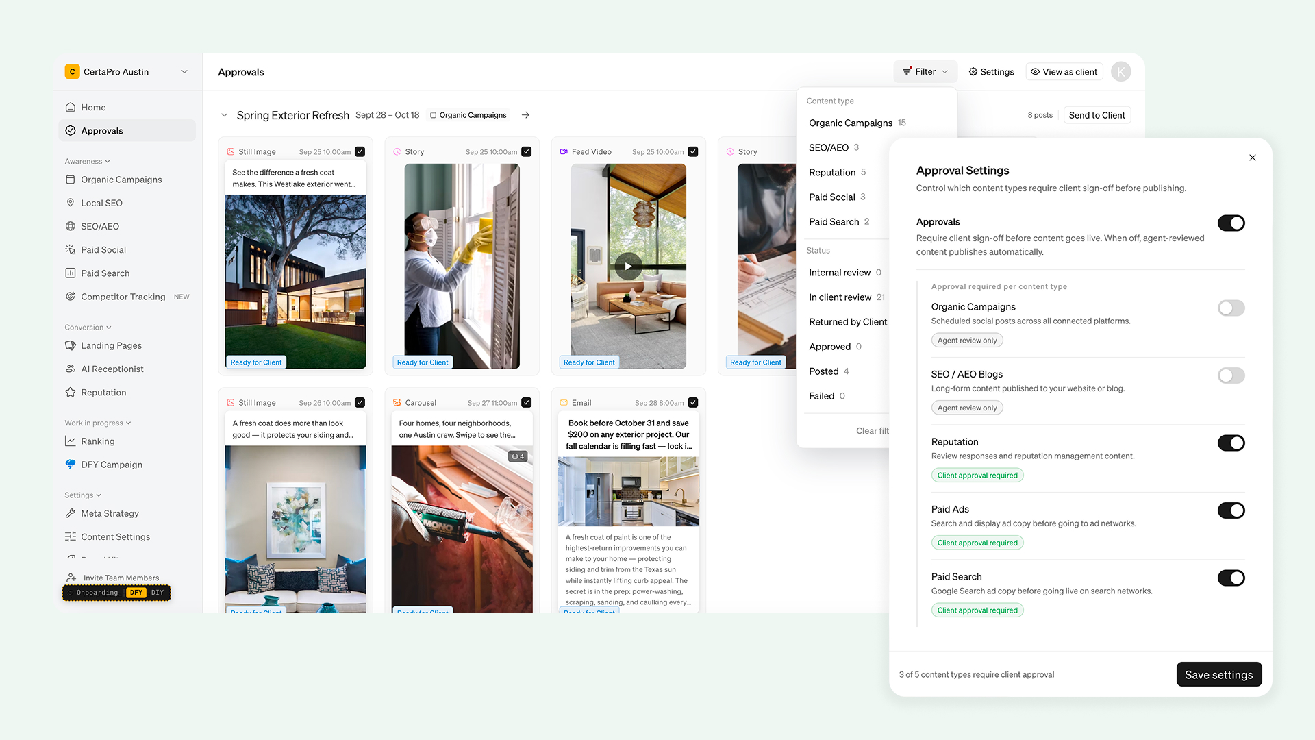 The approval settings modal — master switch with per-content-type controls