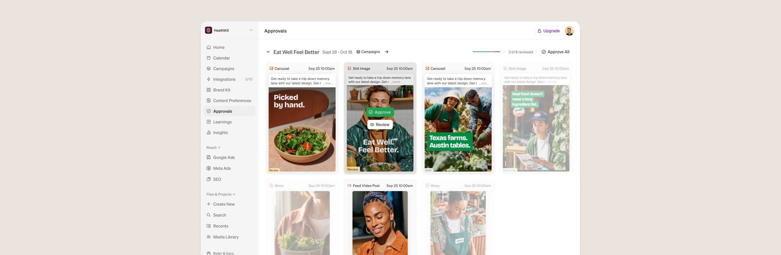 Blaze AI enterprise approval workflow — a content approvals dashboard reviewing campaign posts